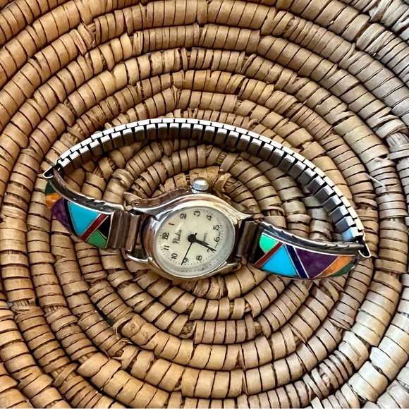 Multicolored Signed Turquoise Inlay Stone Watch Cuff - Picture 2 of 10